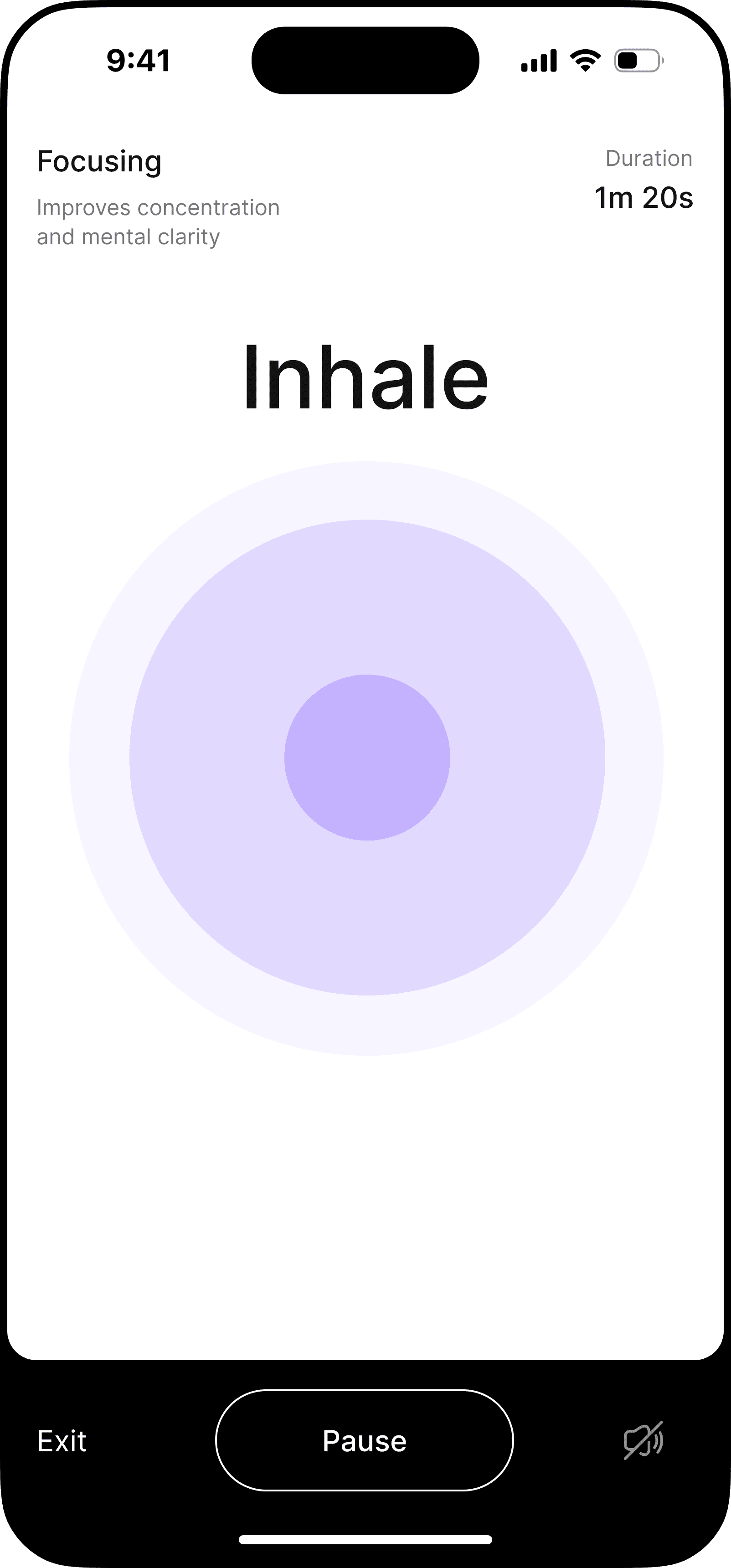 Mindship app: guided Focusing breathing practice, inhale phase
